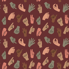 Seamless pattern Set of hands in doodle style isolated human hands. Vector different man woman hands showing victory sign, V, okay, five, class, thumb up.