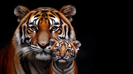 Fototapeta premium Tigress and Tiger Cub Looking in the Same Direction - Majestic Wildlife Scene Capturing Bond and Focus in Nature