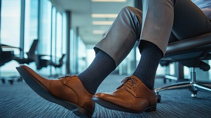 A businessman in tailored trousers and stylish socks crossing his legs during a meeting in a sleek office