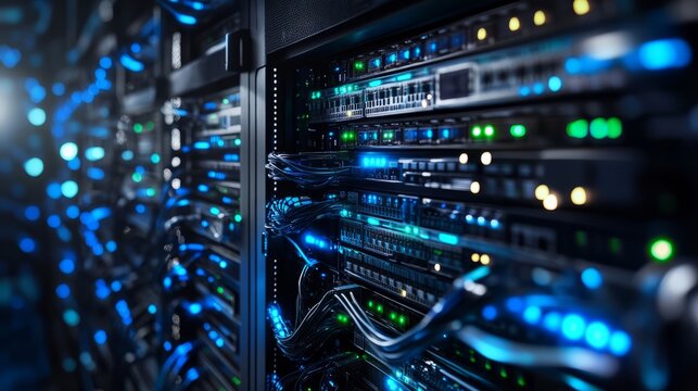 A modern server room with perfectly organized server racks, cables running along the walls, each server illuminated by blue and green status lights, creating a sleek, tech-driven environment