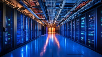 Obraz premium A server room filled with sleek, black server racks, blue LED lights flickering in perfect rhythm, colorful cables running between the racks, reflecting off the polished floor
