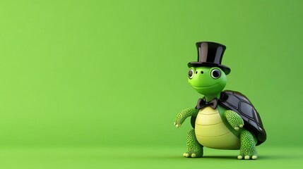 A cartoon turtle wearing a top hat and a bow tie, standing against a green background.