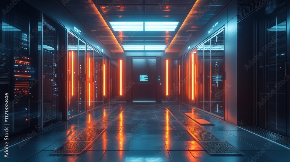Poster a dark server room illuminated only by the soft glow of blue and red led lights, the racks towering 