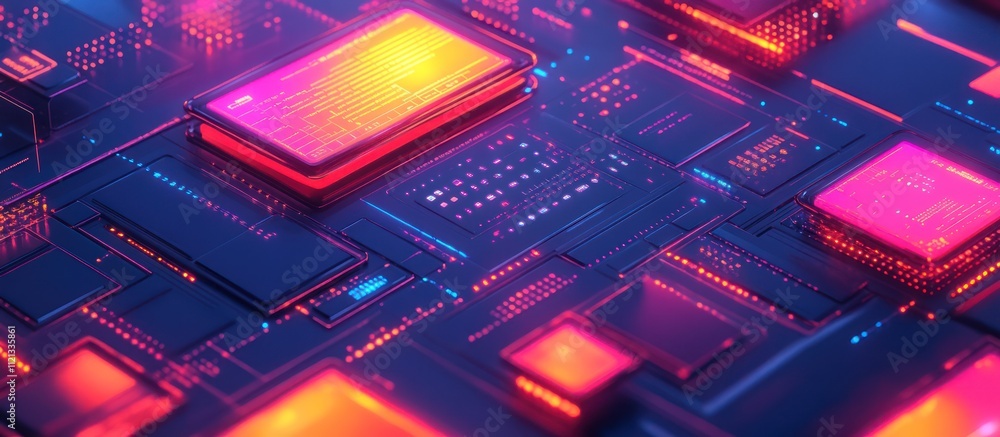 Aufkleber abstract digital rendering of a circuit board with glowing pink and orange lights.