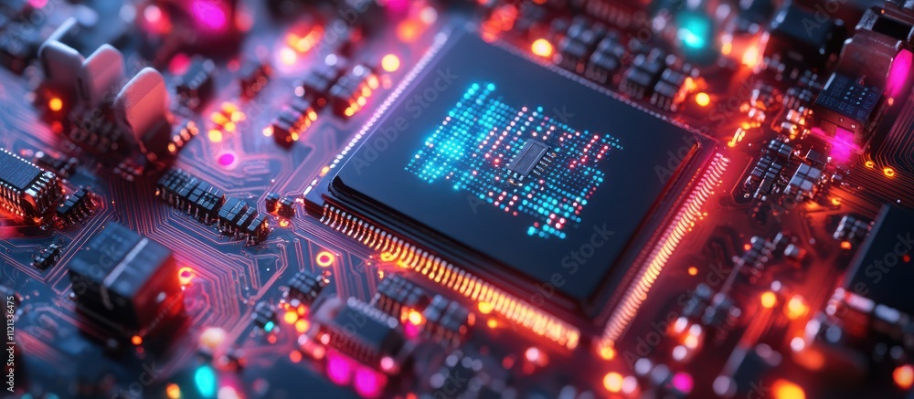 Aufkleber close-up view of a computer chip with glowing lights on a circuit board.