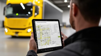 A man using a tablet to navigate while a yellow truck is parked in a warehouse, showcasing logistics and technology in transportation.