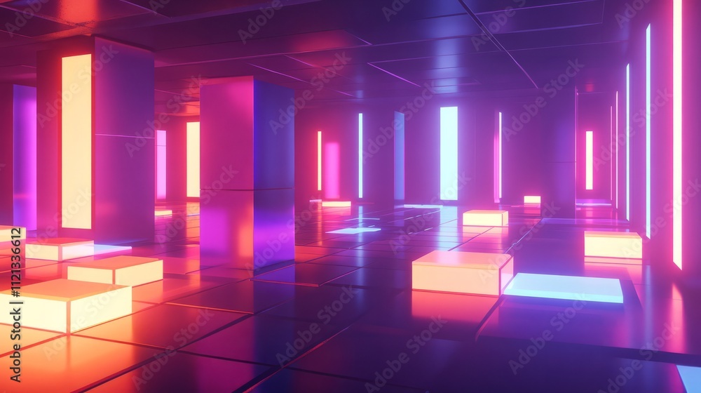 Poster a futuristic blockchain server room filled with glowing blocks of data and neon lights