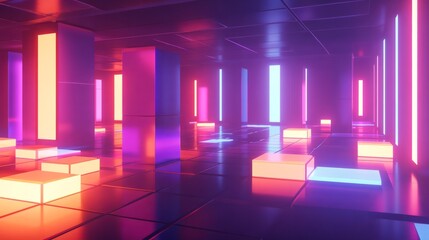 A futuristic blockchain server room filled with glowing blocks of data and neon lights