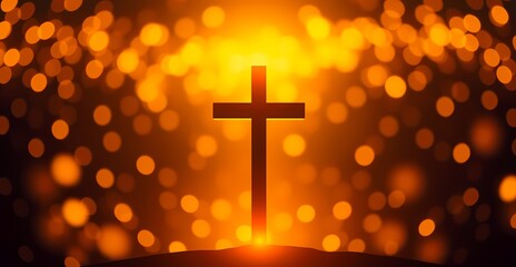 Christian cross silhouette at sunrise with bokeh background.