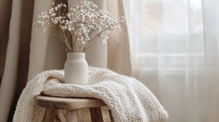 On a wooden stool, a charming vase holds delicate dried flowers, their muted colors harmonizing with soft curtains. A cozy knitted blanket adds warmth to the inviting atmosphere of the room