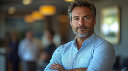 Fototapeta premium A man with crossed arms stands for a portrait in an office with business people, representing staff, group pride, leadership, entrepreneurship, confidence, and workplace attire