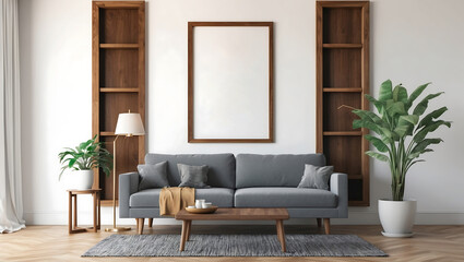 Blank poster frame mock up in scandinavian style living room interior, modern living room interior background, beige sofa and plants