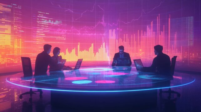 Futuristic Business Meeting: Team Analyzing Data on Holographic Table with Neon Cityscape Background
