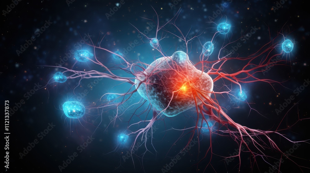 Poster microscopic view of a cell with neural connections