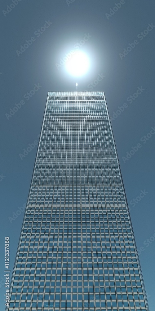 Poster a towering skyscraper with sunlight creating a stunning halo effect at the top, showcasing modern ar