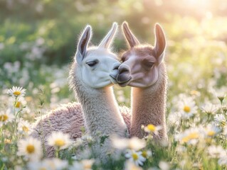 Obraz premium Playful Llamas Nuzzling in Sunlit Pasture National Llama Day, Easter, Thanksgiving Celebration