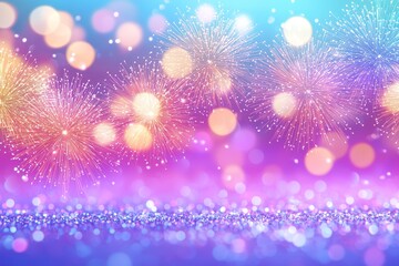 Bright and colorful fireworks bursting against a vibrant purple-blue bokeh background, creating a festive mood.