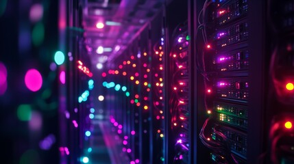 A dark server room illuminated only by the soft glow of blue and red LED lights, the racks towering high with cables coiled neatly