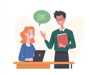 A young Black man in glasses engages in a conversation with a young Caucasian woman at a desk.