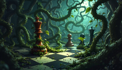 Nightmarish chess scene with vines and exaggerated leaves, panic-stricken pawn