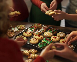 A diverse group of hands decorating festive cookies, creating a joyful and colorful holiday atmosphere.