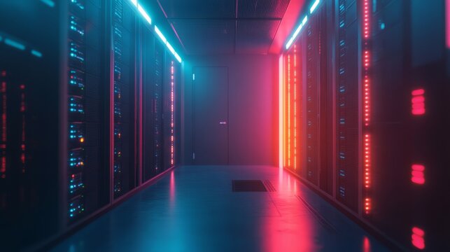 A close-up of the glowing LED lights on a server rack, the intricate connections of fiber optic cables visible behind the mesh front, creating a sense of organized complexity