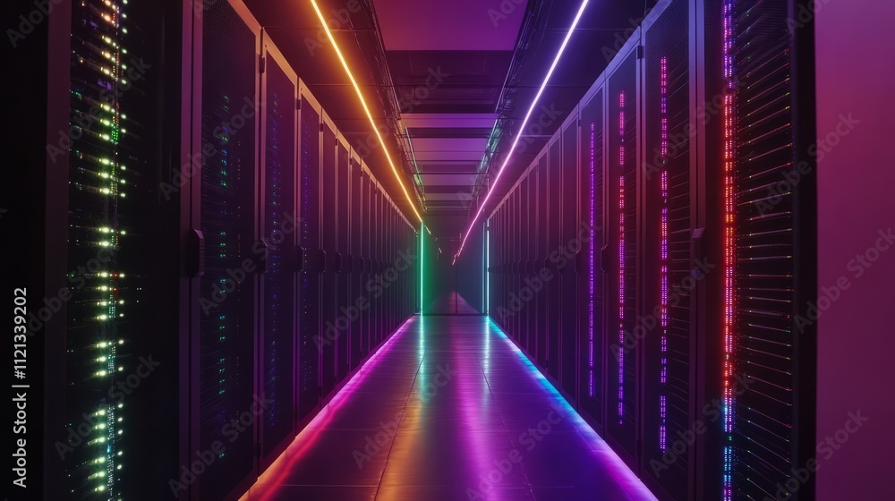Poster a close-up of the glowing led lights on a server rack, the intricate connections of fiber optic cabl