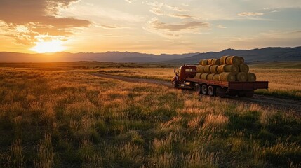 Naklejka premium A farmer stacking hay rolls on a flatbed truck in a vast open field during golden hour