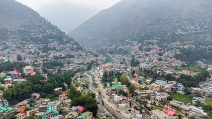 Aerial view of kullu town and himalayan mountain at kullu valley in himachal pradesh India.