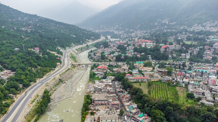 Aerial view of kullu town and himalayan mountain at kullu valley in himachal pradesh India.