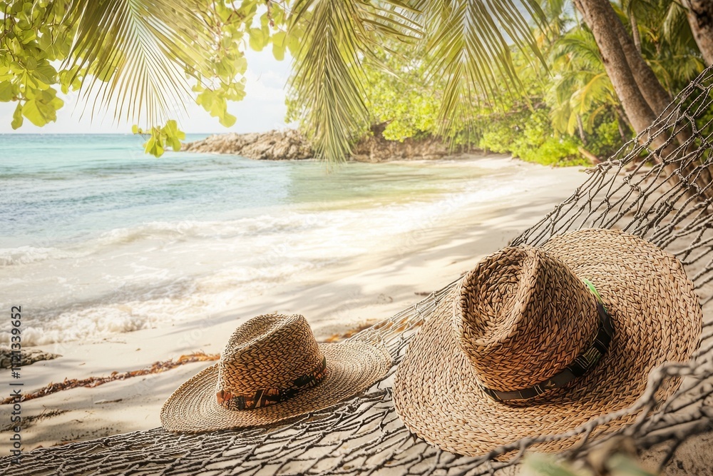 Poster two straw hats resting on a hammock near a serene beach, surrounded by lush palm trees and gentle wa