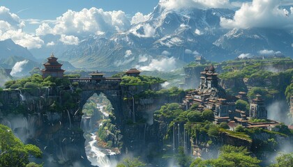 Mountaintop Temples And Bridges In A Lush Valley