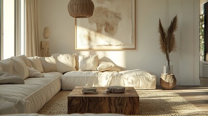 Minimalist, japandi home interior design of modern living room featuring boucle sofa, black modern coffee table, terra cotta accents and contemporary abstract art on beige stucco wall