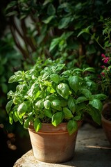 A lush basil plant in a terracotta pot, basking in sunlight amidst a vibrant garden setting.