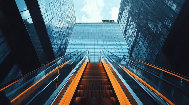 An escalator leading up towards the sky between two skyscrapers.