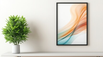 The vertical wall art poster frame mockup features a sleek black frame with a white mat, showcasing a modern abstract design that adds a touch of sophistication to the space