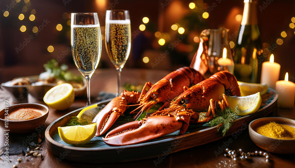 Poster a festive table setting with two cooked lobsters, lemon slices, and glasses of sparkling wine. gener