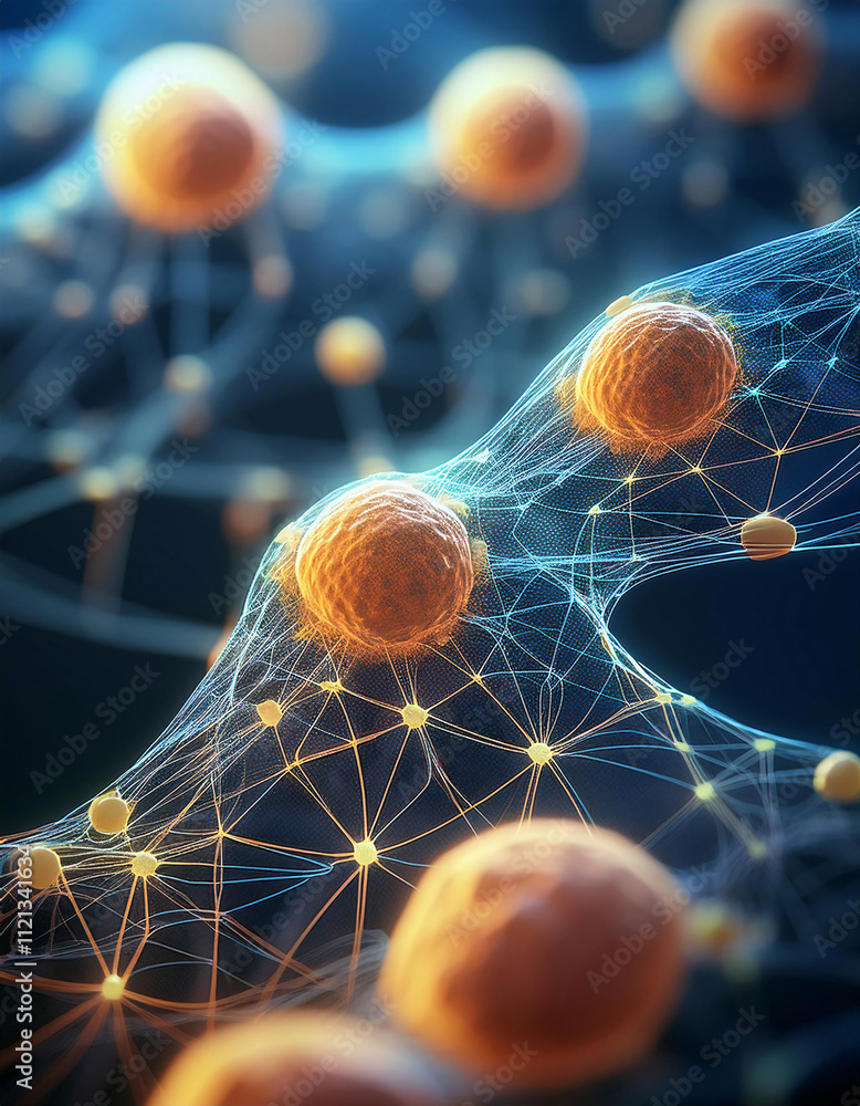Poster A complex network of interconnected spheres and lines, representing a neural network or a molecule. Generative AI.