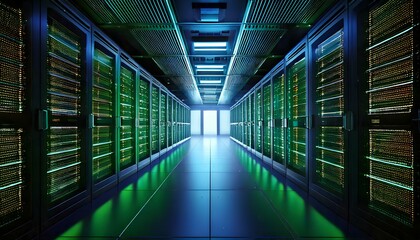 Fototapeta premium 3D Rendering of a Modern Server Room with Glowing Green and Blue LED