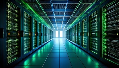 Obraz premium 3D Rendering of a Modern Server Room with Glowing Green and Blue LED