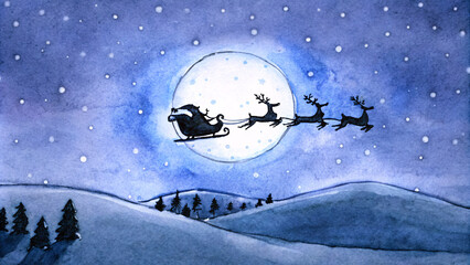 Naklejka premium Snowy night background with a silhouette of Santa Claus flying across the moon, framed by twinkling stars, softly falling snow, and the glow of distant lights on the horizon