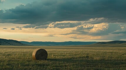 A lone hay roll in an expansive meadow under a dramatic sky, with distant hills framing the shot
