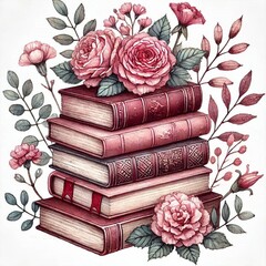 watercolor art, a stack of books with flowers on top, in the style of watercolor illustrations, light maroon and pink, fantasy illustration, romanticized nostalgia, irony and humor, illustration, misc