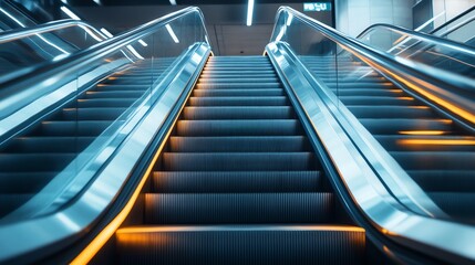 An escalator going up in a modern building.