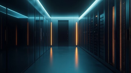 Fototapeta premium A minimalist server room with futuristic black server racks, the soft glow of status lights giving the room a serene, tech-driven ambiance, perfectly organized cables along the walls
