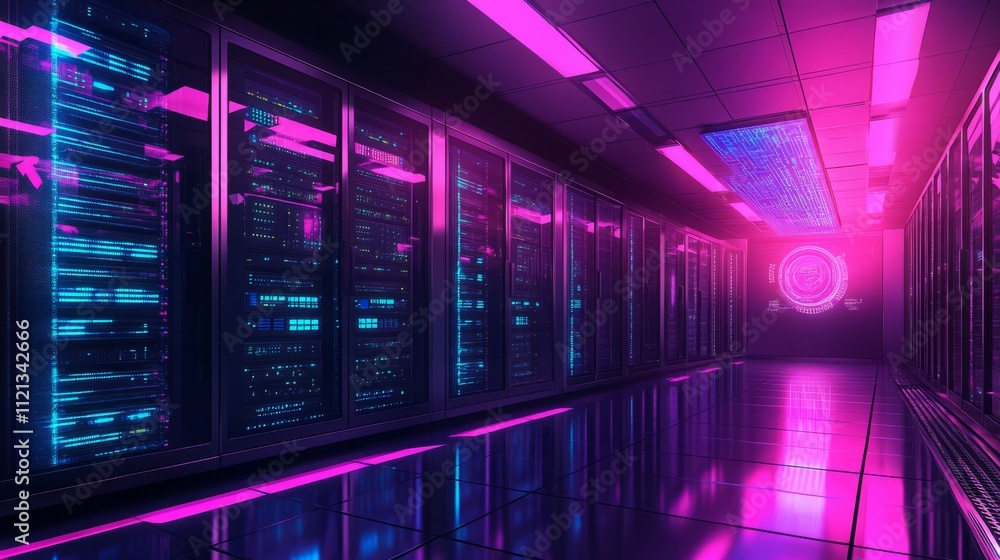 Poster a futuristic server room with transparent server racks, glowing softly with neon lights, holographic