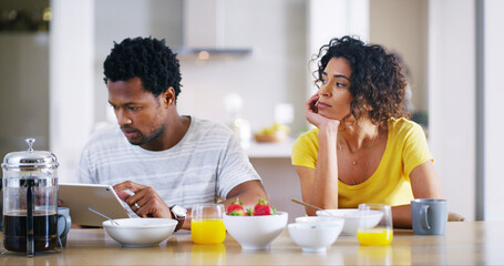 Angry, couple and tablet with annoyed woman with cheating partner of dating website with affair....