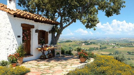 Obraz premium Rustic Cottage with Scenic View and Bright Sky