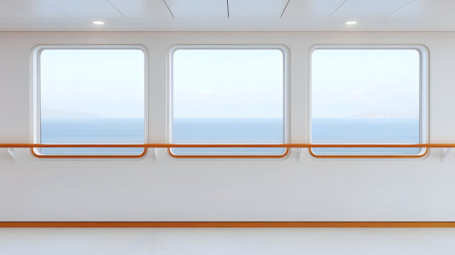 Fototapeta Windows on the Side of an Ocean Liner with a View Over the Sea - Scenic Ocean View from a Luxury Cruise Ship