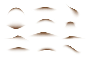 Sand powder splashes. Flying coffee or chocolate powder. Brown dust particles in motion isolated on transparent background. Abstract vector illustration set